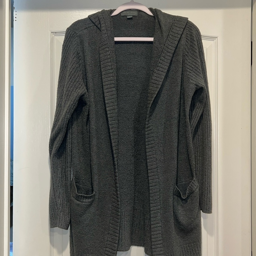 Barefoot Dreams CozyChic Lite Hooded Cardigan with Front Pocket in Gray/Green